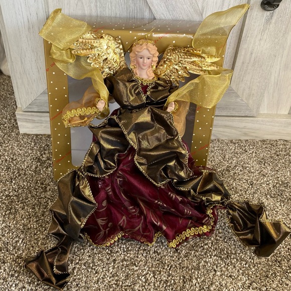 Vintage Dillards Porcelain Flying Angel Christmas Ornament 10” Maroon Gold - Picture 2 of 8